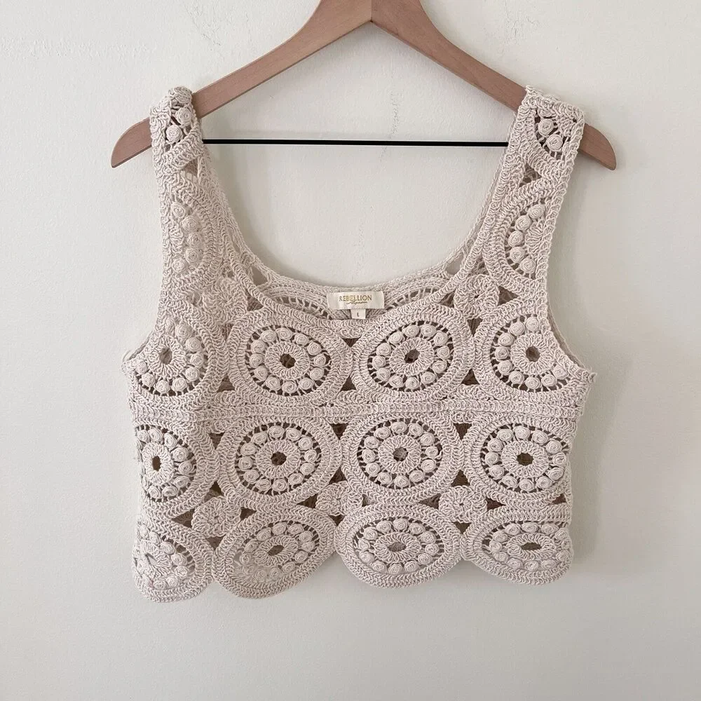 Rebellion Again Crochet Crop Top Women’s Cream Boho Knit Sleeveless Large - Picture 1 of 5